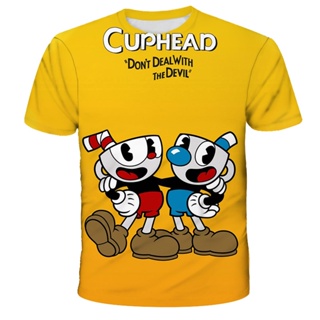 เสื้อยืดลําลอง พิมพ์ลายการ์ตูนเกม Cuphead Mugman 3 มิติ แฟชั่นฤดูร้อน สําหรับเด็กผู้ชาย และเด็กผู้หญิง