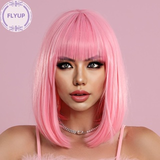 Flyup วิกผมบ๊อบสั้นตรง สีชมพู ทนความร้อน สําหรับผู้หญิง ปาร์ตี้ คอสเพลย์ โลลิต้า