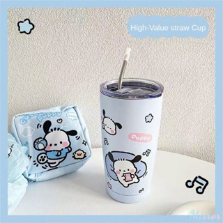 Sanrio การ์ตูนถ้วยฟาง 304 แก้วสแตนเลสน่ารัก Pochacco สุนัขถ้วยน้ำความจุขนาดใหญ่ระยะยาวฉนวนกันความร้อนถ้วย M