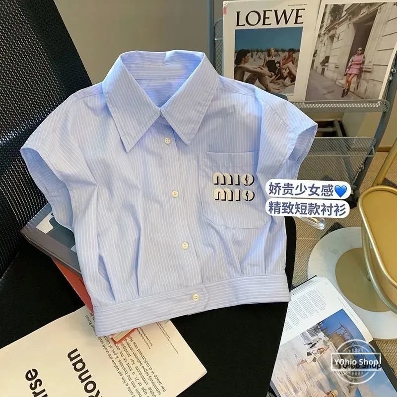 เสื้อโปโลแขนกุด คอปก ลายทาง สีฟ้า อเนกประสงค์ ขนาดใหญ่ แฟชั่นฤดูร้อน สําหรับผู้หญิง