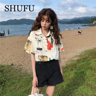 Shufu 2301 พร้อมส่ง เสื้อเชิ้ตแขนสั้น ผ้าชีฟอง ลายดอกไม้ พลัสไซซ์ สไตล์เกาหลี สําหรับผู้หญิง