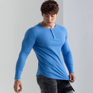 Henley Shirt Mens Long-Sleeved T-shirt Henry Collar American Retro Heavy Sports Fitness Slim Thread Quick-Drying Bottoming Shirt XcsP