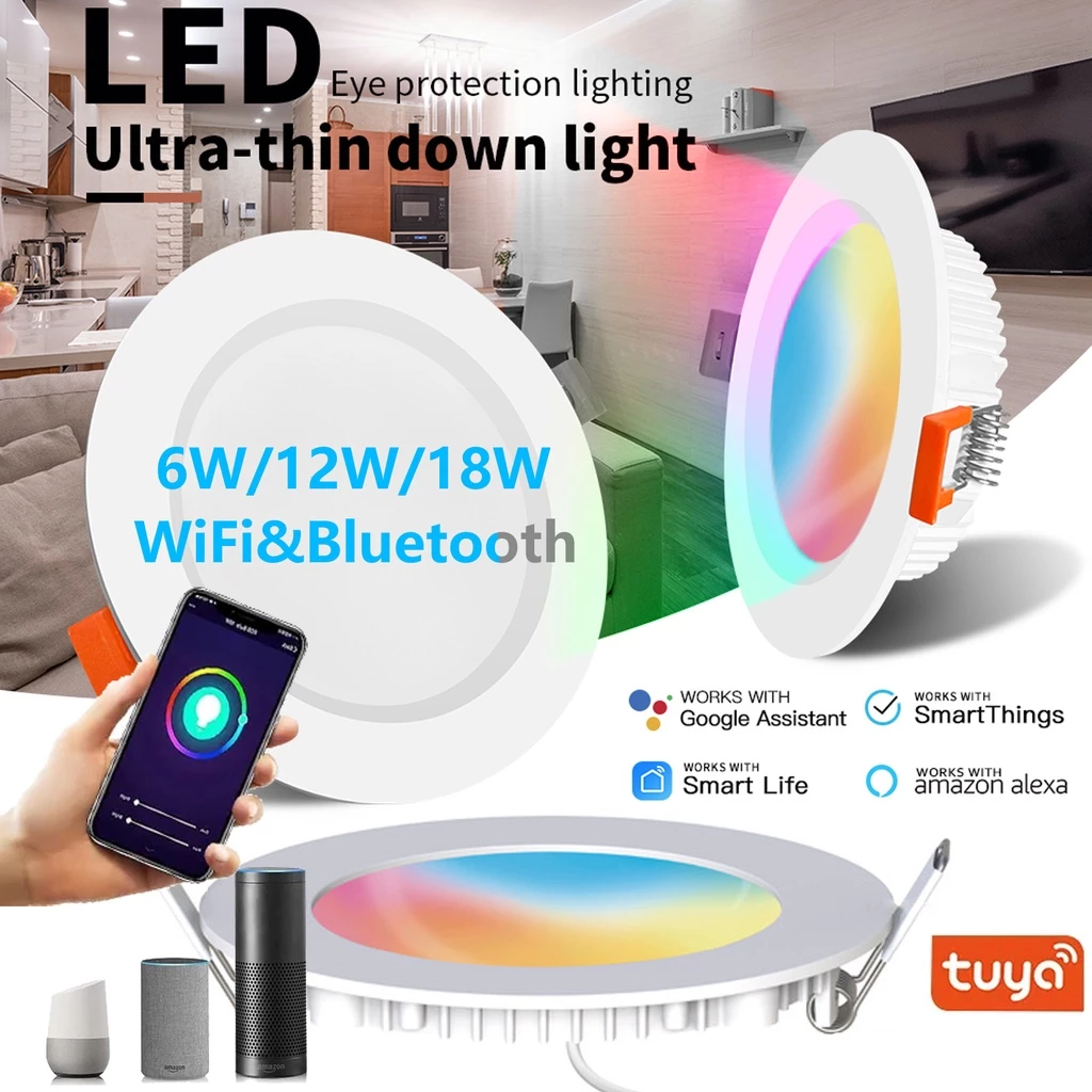 Tuya โคมไฟติดเพดานอัจฉริยะ 6W 12W 18W RGB เปลี่ยนสีได้ บางพิเศษ อบอุ่น สําหรับ Alexa Google Home Smart Life