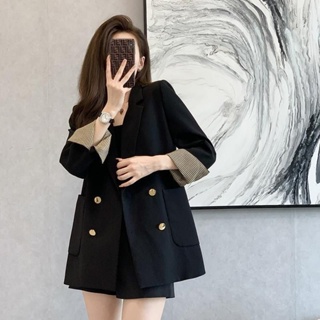 2023 Early Autumn New French Retro British Style Loose Slimming High-end Double-breasted Black Sleeve Suit Jacket