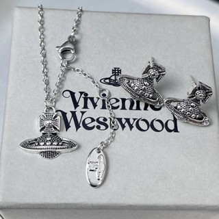 Vivienne westwood ต่างหูดาวเสาร์ ย้อนยุค สีเงิน ins เพชร ลายจุด ดาวเคราะห์ สร้อยคอ พังก์เฉพาะ เท่ สไตล์ ต่างหูโซ่ไหปลาร้า