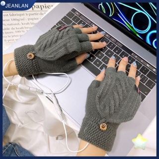 Jeanlan ถุงมือถักนิตติ้ง แบบครึ่งนิ้ว ให้ความอบอุ่น ชาร์จ USB สําหรับผู้ชาย และผู้หญิง