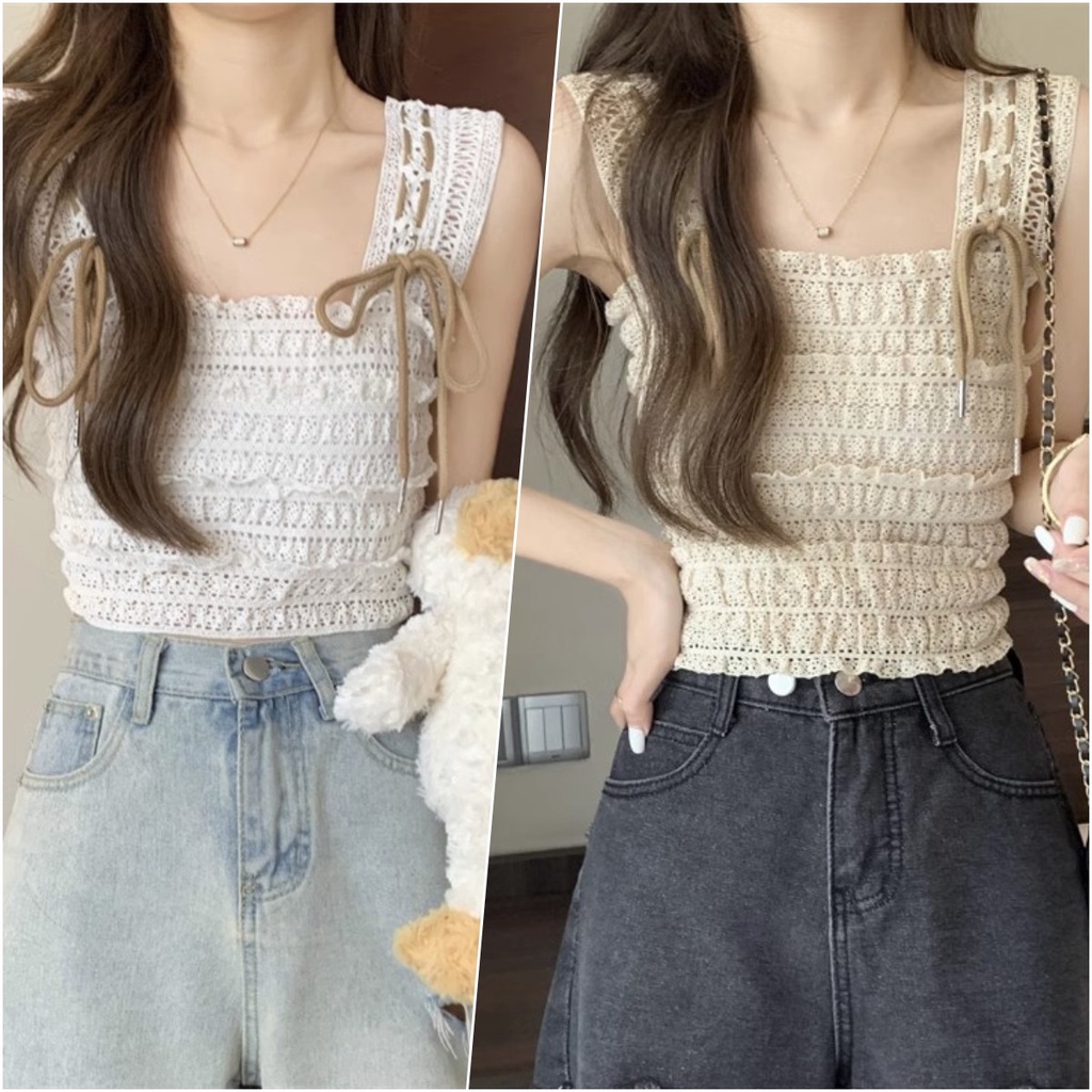 พร้อมส่ง  เสื้อครอปผ้าถัก โบว์ผูก งานนน่ารัก สไตล์มินินมอล ขี้เล่น น่ารัก – โปรปัง