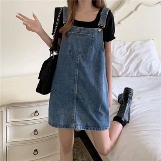 พร้อมส่ง  เอี๊ยมกระโปรงยีนส์ วินเทจ งานน่ารัก ชุดเที่ยวคาเฟ่