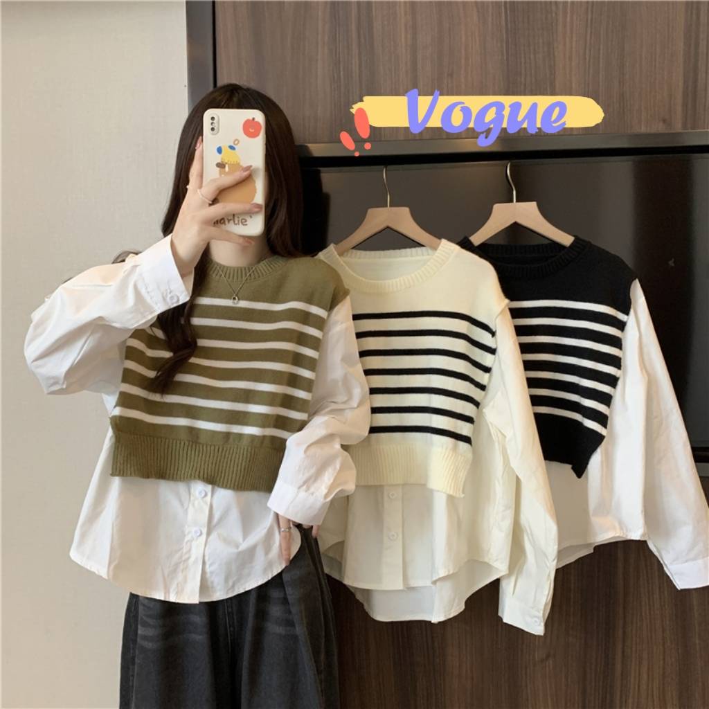 Vogue พร้อมส่ง เสื้อไหมพรมแขนยาวคอกลม ดีเทลผ้าชีฟองใส่สบายมาก (M1352-1) -C