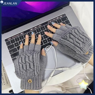 Jeanlan ถุงมือถักนิตติ้งไฟฟ้า แบบครึ่งนิ้ว ให้ความอบอุ่น ชาร์จ USB สําหรับผู้ชาย และผู้หญิง