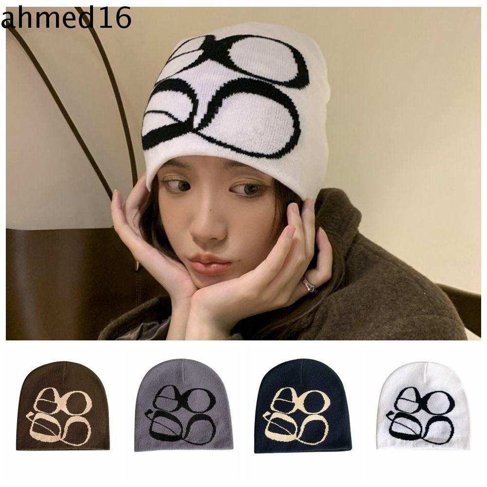 Ahmed หมวกบีนนี่ ผ้าวูลถัก แบบสวมหัว ลายตัวอักษรหัวกะโหลก สไตล์เกาหลี ให้ความอบอุ่น Y2k