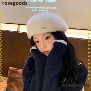 Rosegoods1 หมวกเบเร่ต์ ขนกระต่ายเทียม แบบหนา สีพื้น ให้ความอบอุ่น กันลม เหมาะกับหน้าหนาว สําหรับผู้หญิง