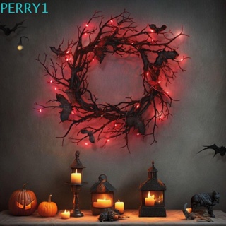 Perry พวงมาลัยค้างคาวพลาสติก มีไฟ LED สีแดง ทนทาน 45 ซม. สําหรับตกแต่งปาร์ตี้ฮาโลวีน