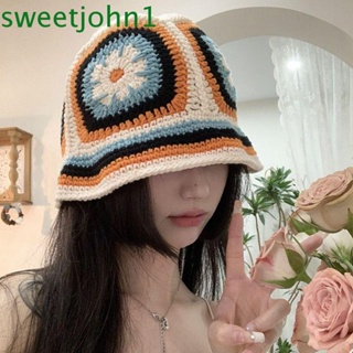 Sweetjohn หมวกถักโครเชต์ ทรงบักเก็ต ลายดอกไม้ สไตล์ชนเผ่า น่ารัก แฮนด์เมด