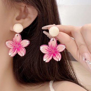 ต่างหูแบบหนีบ ไม่ต้องเจาะหู ลายดอกไม้ สีชมพู Cek646