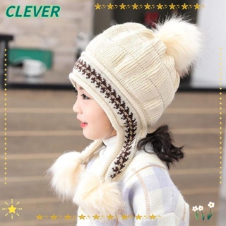 Clever หมวกบีนนี่ ผ้าถัก แต่งปอมปอม แต่งขนเฟอร์ ให้ความอบอุ่น แฟชั่นฤดูใบไม้ร่วง และฤดูหนาว สําหรับเด็ก