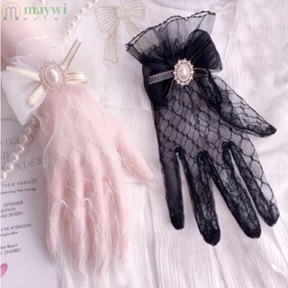 Maywi ถุงมือลูกไม้สีดํา สีขาว, ถุงมือโบว์ตาข่ายโลลิต้า โกธิค ลูกไม้ นุ่ม, ถุงมือคอสเพลย์ ดอกไม้ สไตล์โกธิค