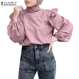 Zanzea เสื้อเบลาส์ คอกลม แขนพอง สีพื้น สไตล์มุสลิม สําหรับผู้หญิง