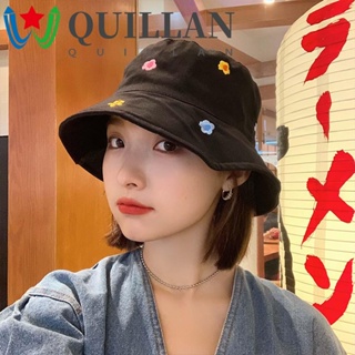 Quillan หมวกบักเก็ต เดินทาง เกาหลี ปักลายดอกไม้ ผ้าฝ้าย เด็กผู้หญิง หมวกกันแดด