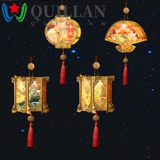 Quillan โคมไฟจีน เรืองแสง แฮนด์เมด เครื่องประดับเทศกาล ไฟ LED รูปกระต่าย พร้อมพู่ โคมไฟไม้