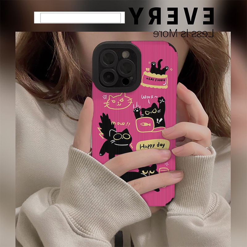 เคสโทรศัพท์มือถือหนังแกะนิ่ม กันตก ลายแมวดําบนดอกกุหลาบสีแดง สําหรับ Iphone 11Pro MAX 14 PRO MAX 11 12 13 15promax 7 8plus XR Xmax