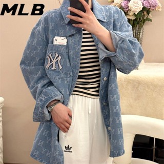 เสื้อเชิ้ตยีน ปักลายโลโก้ MLB NY ทรงหลวม แบบดั้งเดิม สําหรับคู่รัก