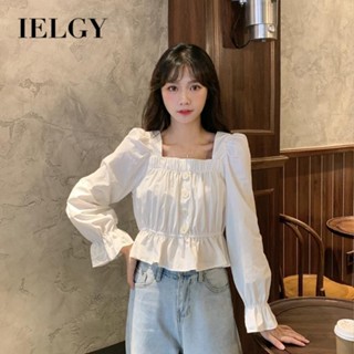 Ielgy หวาน ฝรั่งเศส สลิมฟิต กระชับสัดส่วน คอสี่เหลี่ยม สั้น แขนยาว เสื้อเชิ้ตแขนยาว สําหรับผู้หญิง