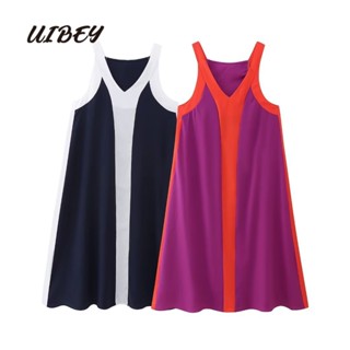 Uibey ชุดเดรส คอวี แขนกุด สีพื้น แฟชั่น 3893