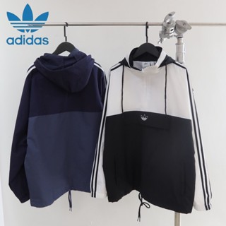 เสื้อกันลม มีฮู้ด ปักลายโลโก้ Adidas ของแท้ แบบครึ่งซิป สําหรับคู่รัก