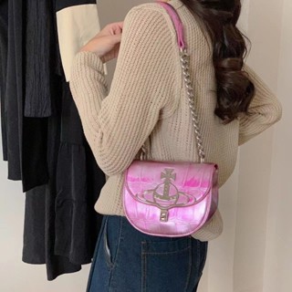 Vivienne Westwood Saturn Burst Powder Saddle Bag Underarm กระเป๋าสะพายไหล่ แบบหนา แบบพกพา สไตล์เรโทร สําหรับผู้หญิง