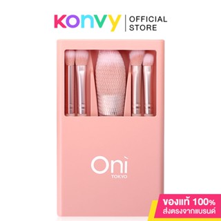 Oni Macaron Portable Makeup Brush Set With Mirror 5pcs #Sakura Pink เซทแปรงแต่งหน้าสีชมพูซากุระ 5 ชิ้น มีกระจกในตัว.