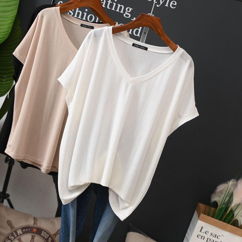 【Tshirt Oversize】เสื้อยืดคอวี แขนสั้น ทรงหลวม ขนาดใหญ่ 50-150 กก. แฟชั่นฤดูร้อน สําหรับผู้หญิง 5 สี