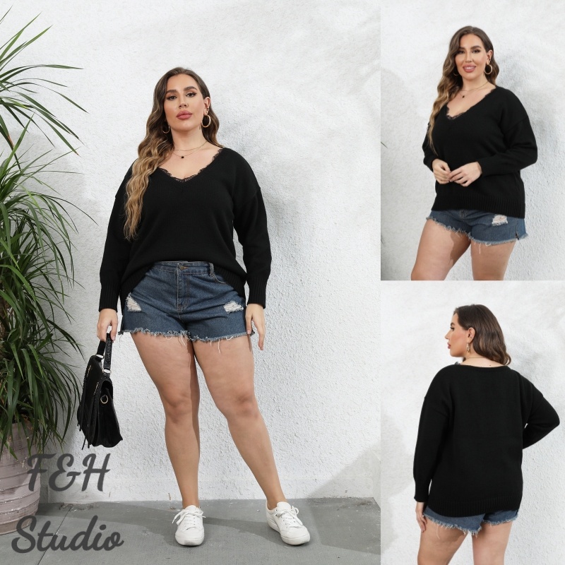 F&H 3789-L-3XL Plus ขนาดผู้หญิง V คอลูกไม้ Patchwork เสื้อกันหนาวเสื้อสวมหัวหนา