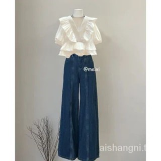 Aa51 ชุดเสื้อเชิ้ตยีน ทรงหลวม ขนาดใหญ่ สองชิ้น สําหรับผู้หญิง 2023