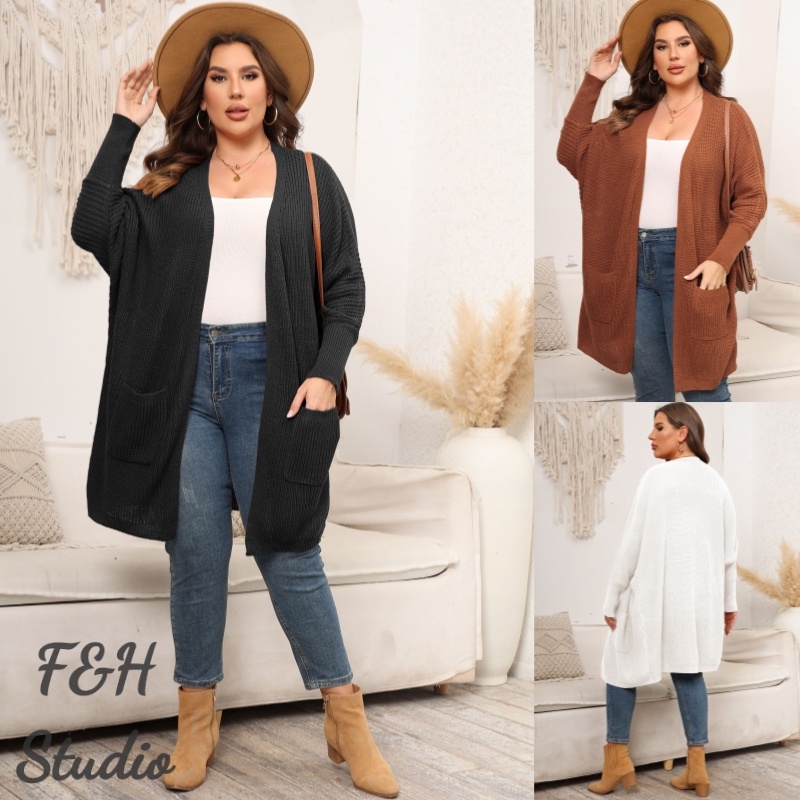 F&H 3790-3 สี XL-3XL Batwing Sleeve Casual กระเป๋าขนาดใหญ่ Plus ขนาดผู้หญิงเสื้อกันหนาวคาร์ดิแกน