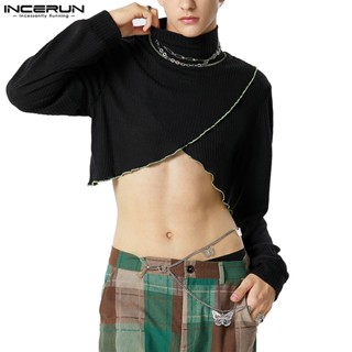 Incerun เสื้อยืดกันหนาว แขนยาว คอสูง ลายทาง สไตล์วินเทจ แฟชั่นสําหรับผู้ชาย