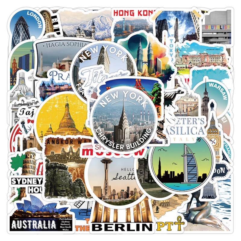 50 ชิ้น World Travel กันน้ําที่มีชื่อเสียง Landmark สติกเกอร์สําหรับขวดน้ําแล็ปท็อป Tumbler กระเป๋าเดินทางโทรศัพท์