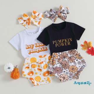 Aqq- ชุดเสื้อยืด แขนสั้น พิมพ์ลายฟักทอง ดอกไม้ ฮาโลวีน และกางเกงขาสั้น ที่คาดผม ยืดหยุ่น สําหรับเด็กผู้หญิง 3 ชิ้น