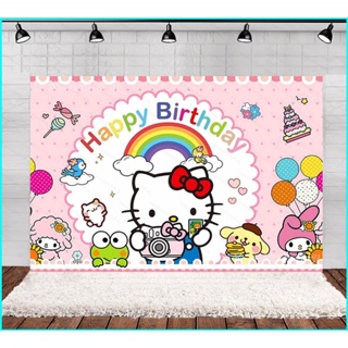 Doly Sanrio Hello Kitty ธีมวันเกิด แบนเนอร์ ฉากหลัง ปาร์ตี้ ตกแต่ง ถ่ายภาพ พื้นหลังผ้า