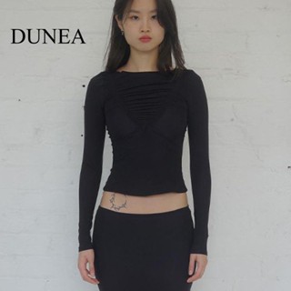 Dunea เสื้อครอปท็อป คอกลม แขนยาว จับจีบ เซ็กซี่ สําหรับผู้หญิง