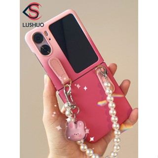 Lushuo เคสโทรศัพท์มือถือ PC แข็ง ปิดด้านหลัง แบบฝาพับ พร้อมสายคล้อง ประดับไข่มุก และจี้ สําหรับ OPPO Find N2 findn2