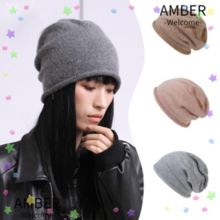 Amber หมวกบีนนี่ลําลอง ผ้าฝ้ายแคชเมียร์ แบบสวมหัว สีพื้น ให้ความอบอุ่น แฟชั่นฤดูหนาว สําหรับผู้หญิง