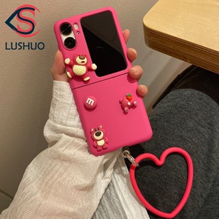 Lushuo เคสโทรศัพท์มือถือ PC แข็ง ปิดด้านหลัง ลายหมี 3D สีแดงกุหลาบ พร้อมสายคล้องมือ สําหรับ OPPO Find N2 flip findn2