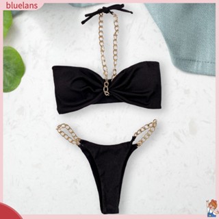 Blu Bandeau ชุดว่ายน้ําบิกินี่ เอวต่ํา แต่งจับจีบ เซ็กซี่ แต่งสายโซ่ยืดหยุ่น สําหรับสระว่ายน้ํา