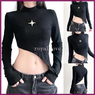 Royal เสื้อครอปท็อปแขนยาว คอม็อค เข้ารูป ไม่สม่ําเสมอ สําหรับผู้หญิง