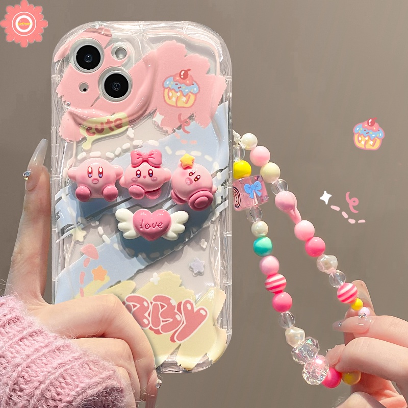 เคสโทรศัพท์มือถือแบบนิ่ม ลายการ์ตูนเคอร์บี้ 3D พร้อมสร้อยข้อมือ ขอบโค้ง สําหรับ IPhone 7Plus 11 13 12 14 Pro MAX XR XS X MAX 7 8 6S 6 Plus SE 2020