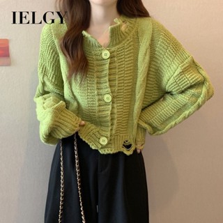 Ielgy ใหม่ ฝรั่งเศส เฉพาะ ออกแบบ ความรู้สึก ฉีก ขี้เกียจ หลวม สั้น สีพื้น เสื้อกันหนาว เสื้อคาร์ดิแกน เสื้อผู้หญิง