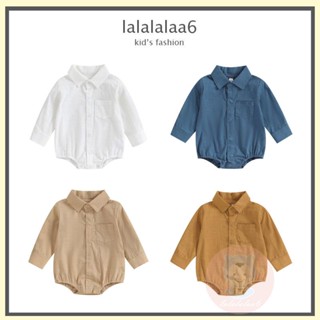 Laa6- ชุดรอมเปอร์ แขนยาว คอปก กระดุมด้านหน้า พร้อมกระเป๋า สีพื้น สําหรับเด็กทารกผู้ชาย