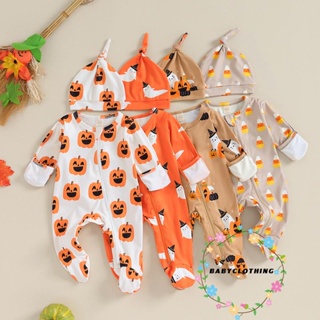 Babyclothes- ชุดรอมเปอร์ บอดี้สูท แขนยาว คอกลม พิมพ์ลายฟักทองผี ฮาโลวีน พร้อมหมวก สําหรับเด็กวัยหัดเดิน