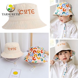 Tarsureth หมวกบักเก็ต ปักลายตัวอักษรน่ารัก ป้องกันรังสียูวี แบบพกพา แฟชั่นฤดูร้อน สําหรับเด็ก